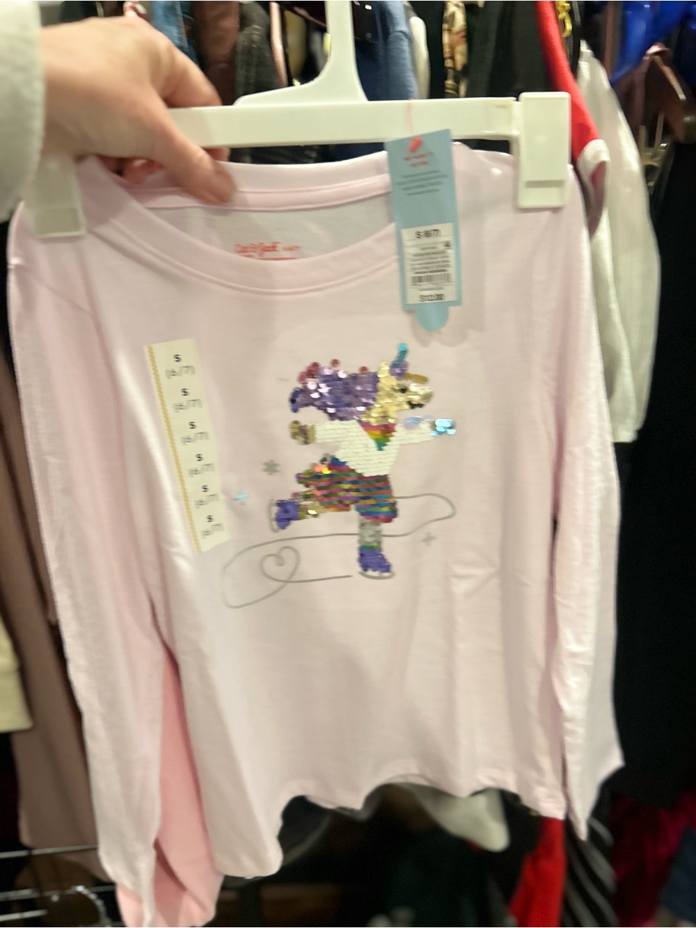Cat & Jack Light Pink Long-Sleeve Sequin Skate Unicorn Tee, girls S 4-6
